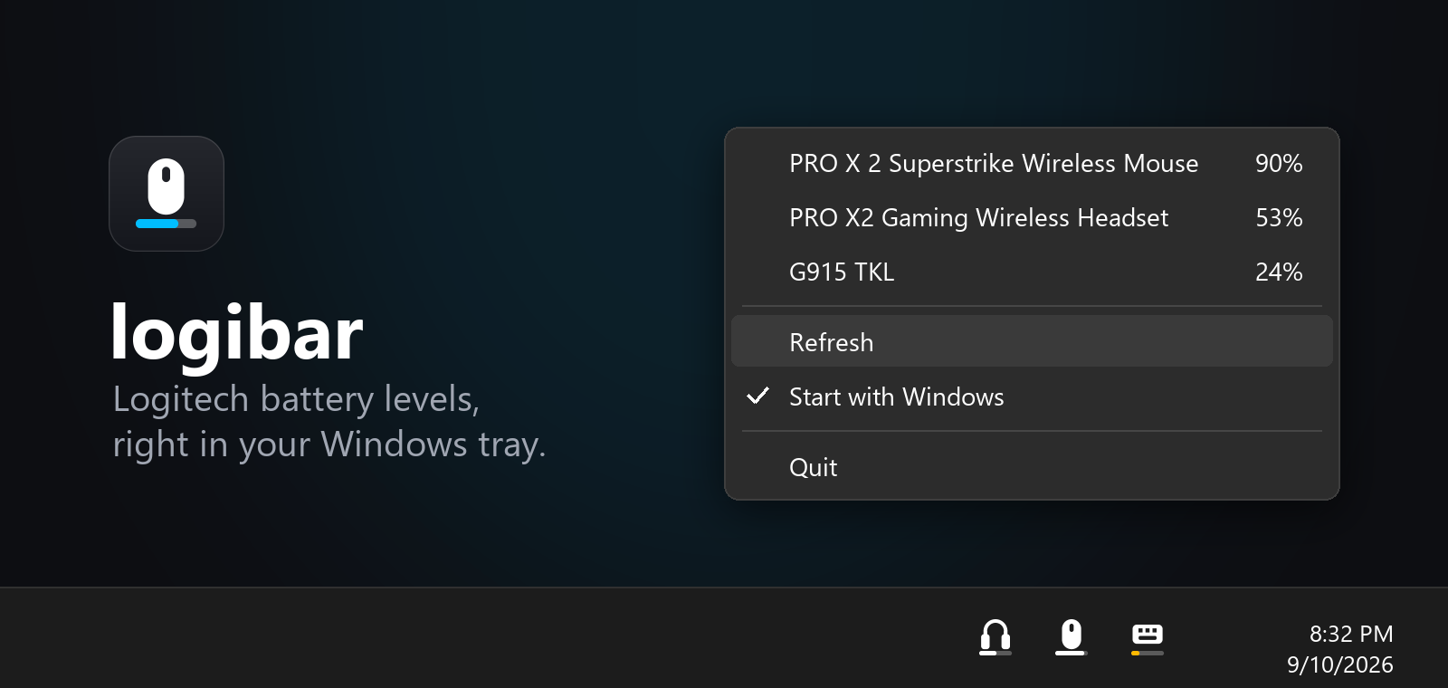 Logibar project image with Logitech battery popup and Windows tray
