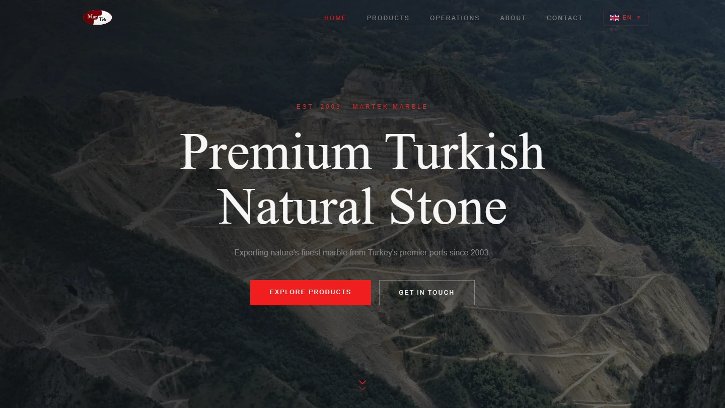 Martek Marble loaded homepage with quarry photography and natural stone headline