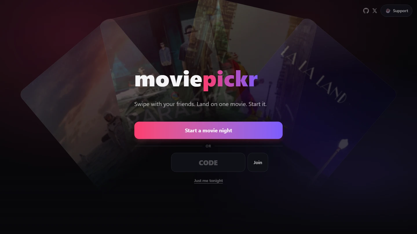 Moviepickr loaded homepage with movie posters, movie-night action, and join code